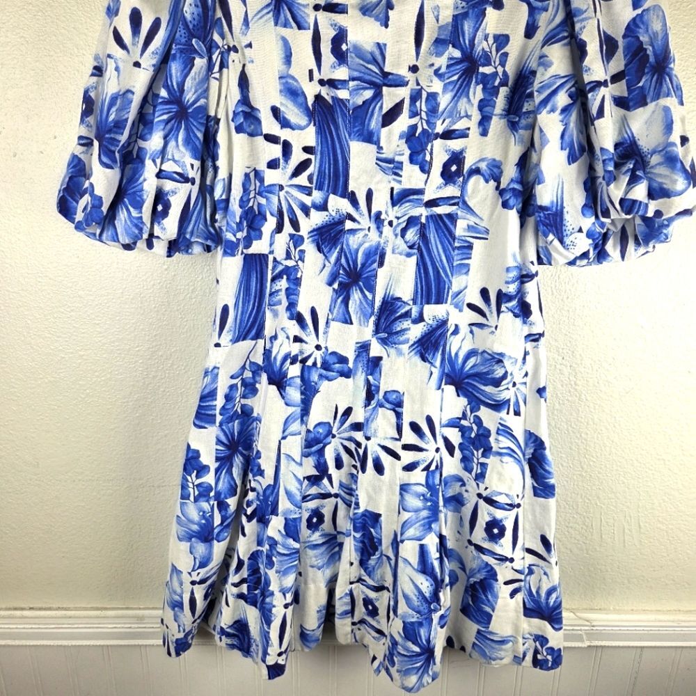 Caroline Constas NWT Linen Blend Floral Blue and White Mini Dress Size 02/XS - Picture 3 of 13